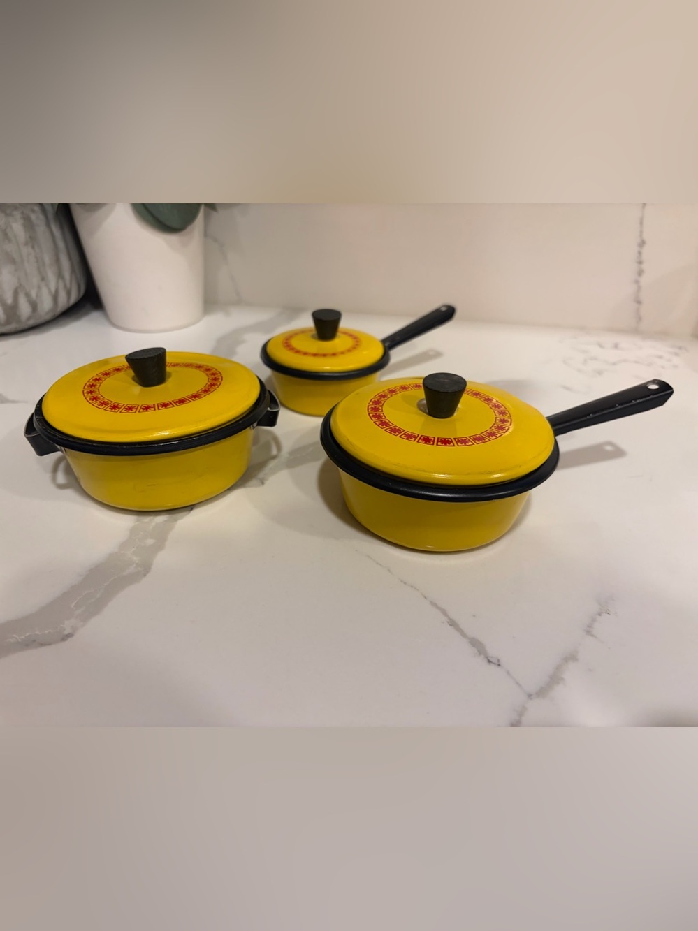 Vintage 70s Yellow Enamel Mini Toy Pots and Pans Set Retro Pretend Play